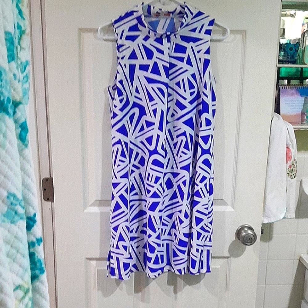 Jude Connally Sheath Sleeveless Dress Cobalt Blue And White Print  Size M